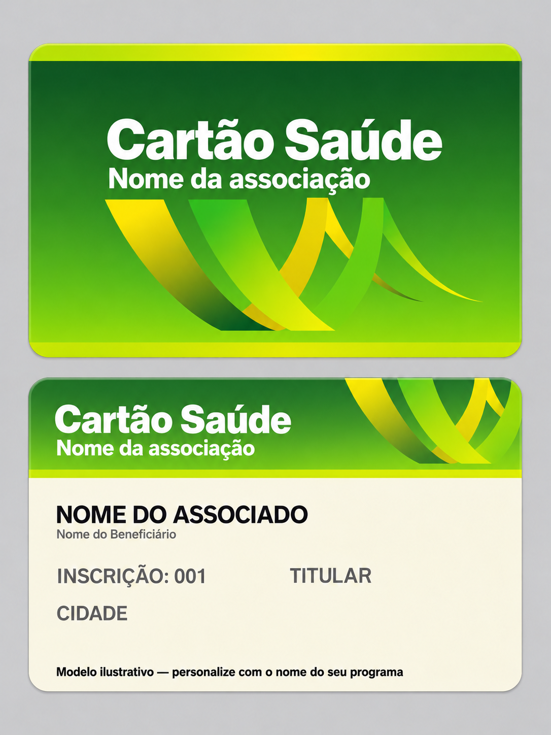 Modelo do Cartão Saúde, frente e verso, com campos Nome do associado e Cidade