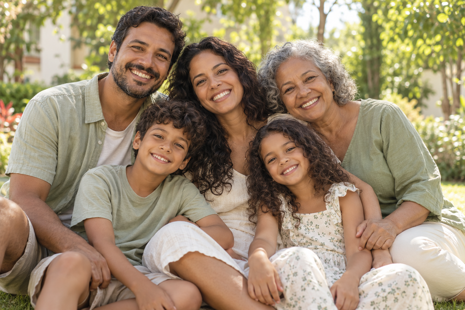 Família reunida em um jardim